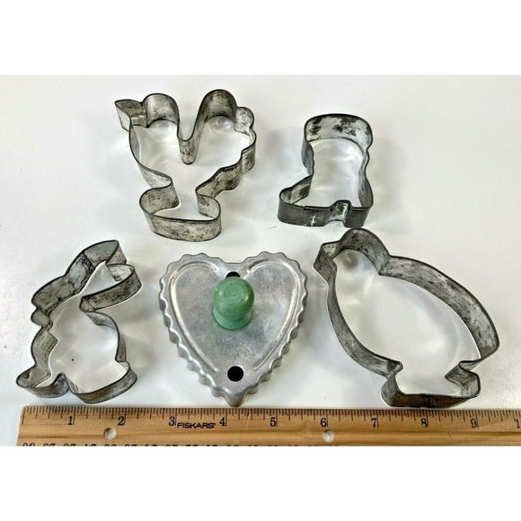5 Antique Cookie Cutters Turkey Bird Bunny Rabbit Cowboy Boot Metal Tin Vtg Lot - Picture 3 of 6